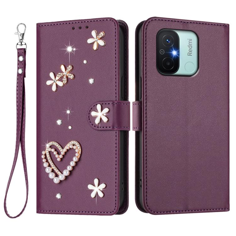 For Redmi 11A / Xiaomi Poco C55 ZS01 Double-Layer Heart Floral Vegan Leather Phone Case with Wrist Strap