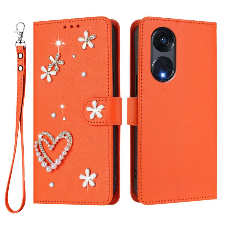 For OPPO A1 Pro / Reno8 T 5G Global ZS01 Double-Layer Heart Floral Vegan Leather Phone Case with Wrist Strap