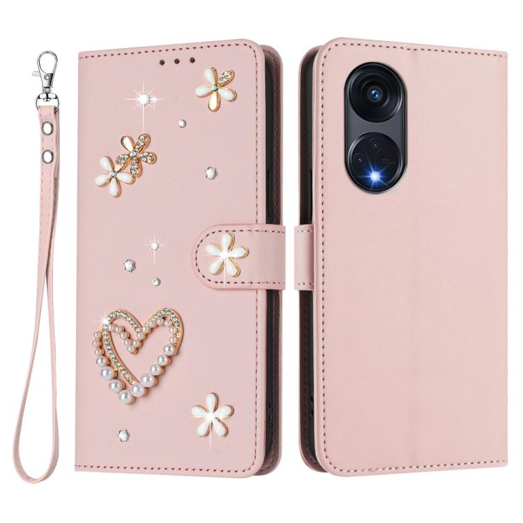 For OPPO A1 Pro / Reno8 T 5G Global ZS01 Double-Layer Heart Floral Vegan Leather Phone Case with Wrist Strap