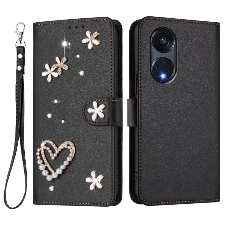 For OPPO A1 Pro / Reno8 T 5G Global ZS01 Double-Layer Heart Floral Vegan Leather Phone Case with Wrist Strap
