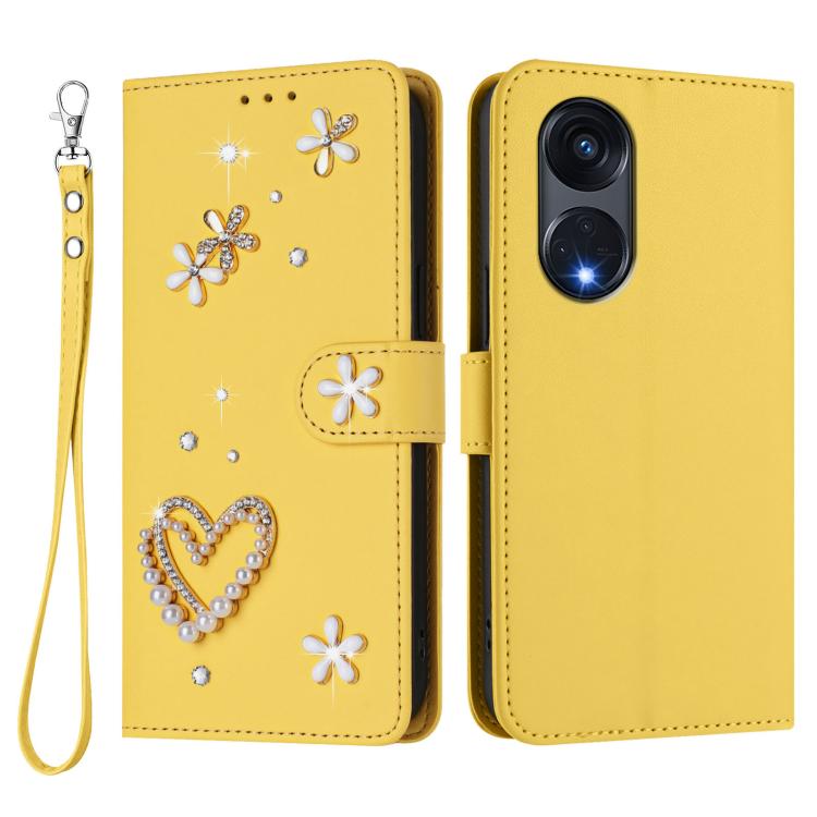 For OPPO A1 Pro / Reno8 T 5G Global ZS01 Double-Layer Heart Floral Vegan Leather Phone Case with Wrist Strap