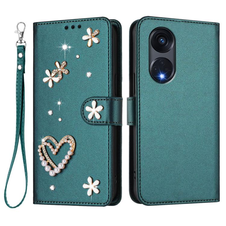 For OPPO A1 Pro / Reno8 T 5G Global ZS01 Double-Layer Heart Floral Vegan Leather Phone Case with Wrist Strap