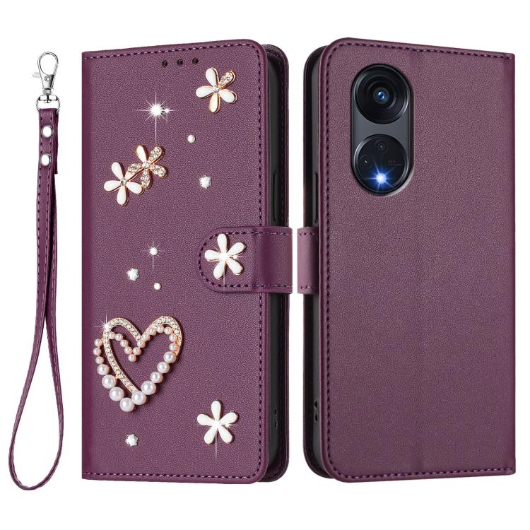 For OPPO A1 Pro / Reno8 T 5G Global ZS01 Double-Layer Heart Floral Vegan Leather Phone Case with Wrist Strap