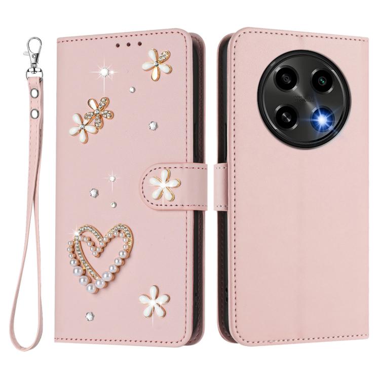 For OPPO A2 Pro 5G / F27 Pro 5G ZS01 Double-Layer Heart Floral Vegan Leather Phone Case with Wrist Strap