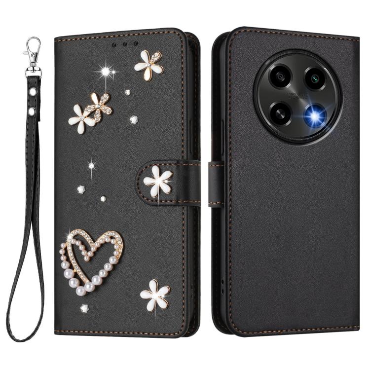 For OPPO A2 Pro 5G / F27 Pro 5G ZS01 Double-Layer Heart Floral Vegan Leather Phone Case with Wrist Strap