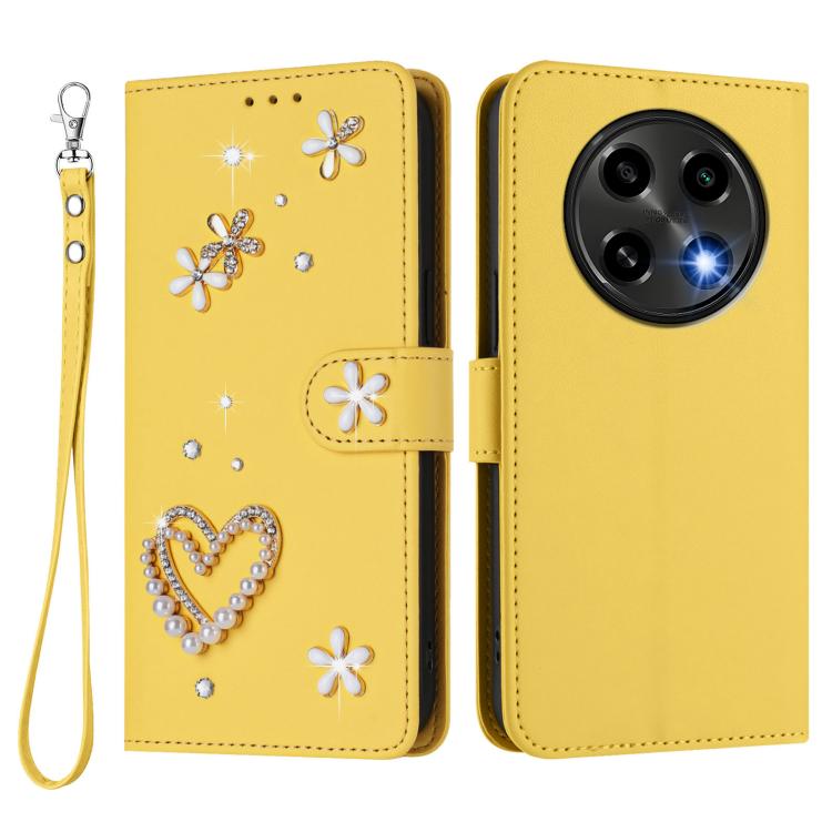 For OPPO A2 Pro 5G / F27 Pro 5G ZS01 Double-Layer Heart Floral Vegan Leather Phone Case with Wrist Strap