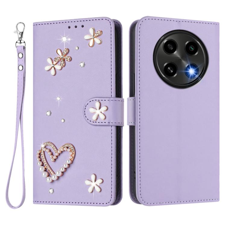 For OPPO A2 Pro 5G / F27 Pro 5G ZS01 Double-Layer Heart Floral Vegan Leather Phone Case with Wrist Strap
