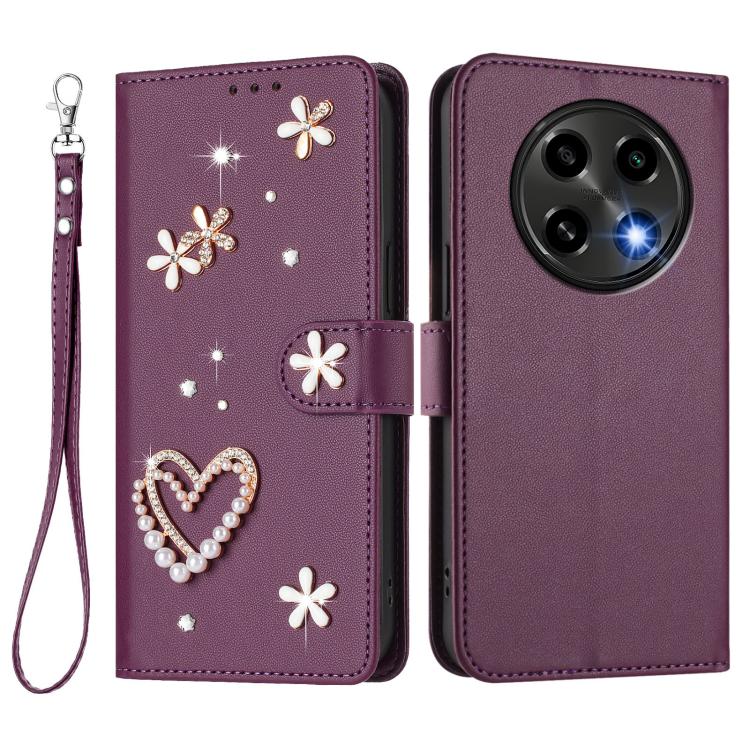For OPPO A2 Pro 5G / F27 Pro 5G ZS01 Double-Layer Heart Floral Vegan Leather Phone Case with Wrist Strap