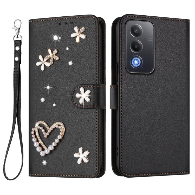 For OPPO A5 5G Global / A3 Pro 5G Global ZS01 Double-Layer Heart Floral Vegan Leather Phone Case with Wrist Strap