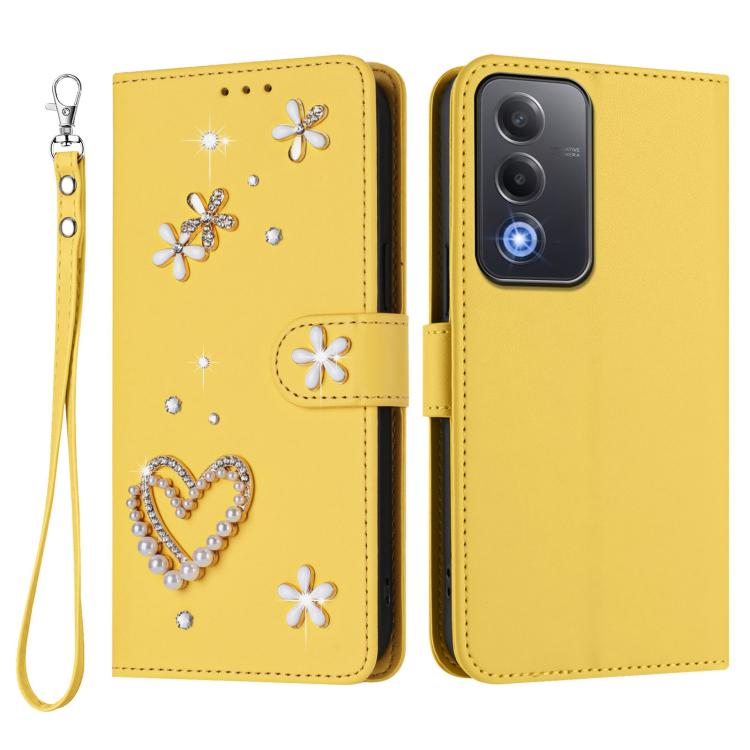 For OPPO A5 5G Global / A3 Pro 5G Global ZS01 Double-Layer Heart Floral Vegan Leather Phone Case with Wrist Strap