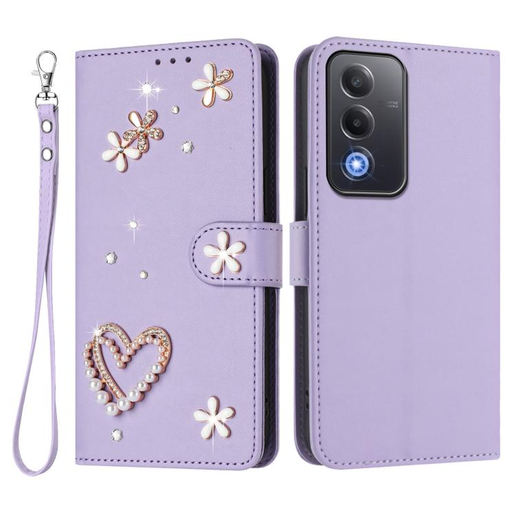 For OPPO A5 5G Global / A3 Pro 5G Global ZS01 Double-Layer Heart Floral Vegan Leather Phone Case with Wrist Strap