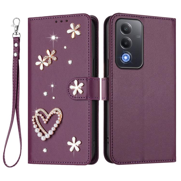 For OPPO A5 5G Global / A3 Pro 5G Global ZS01 Double-Layer Heart Floral Vegan Leather Phone Case with Wrist Strap