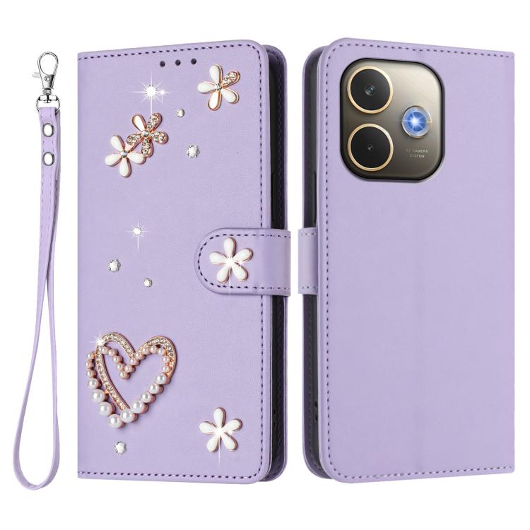 For OPPO A5 Pro 5G Global / A5 Pro 4G Global ZS01 Double-Layer Heart Floral Vegan Leather Phone Case with Wrist Strap