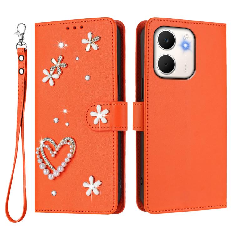 For OPPO A5x 4G Global / 5G Global ZS01 Double-Layer Heart Floral Vegan Leather Phone Case with Wrist Strap