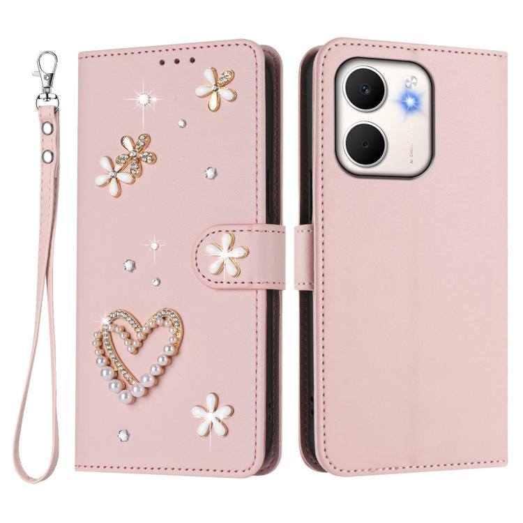 For OPPO A5x 4G Global / 5G Global ZS01 Double-Layer Heart Floral Vegan Leather Phone Case with Wrist Strap