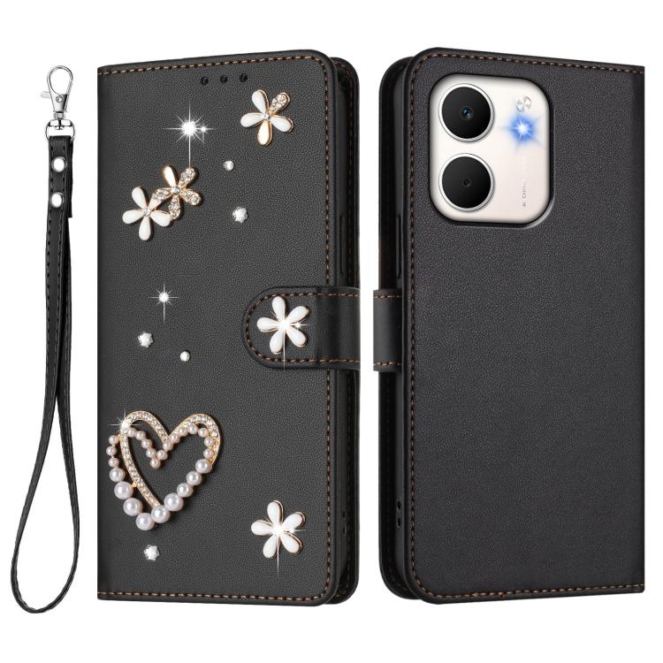 For OPPO A5x 4G Global / 5G Global ZS01 Double-Layer Heart Floral Vegan Leather Phone Case with Wrist Strap