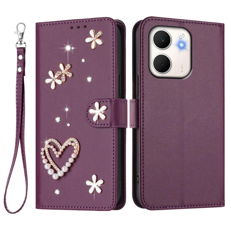 For OPPO A5x 4G Global / 5G Global ZS01 Double-Layer Heart Floral Vegan Leather Phone Case with Wrist Strap