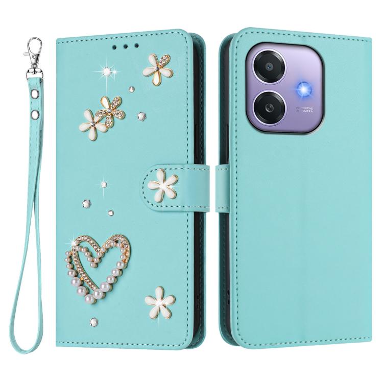 For OPPO A5x 5G Global / A3x 5G India ZS01 Double-Layer Heart Floral Vegan Leather Phone Case with Wrist Strap