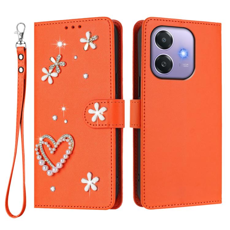 For OPPO A5x 5G Global / A3x 5G India ZS01 Double-Layer Heart Floral Vegan Leather Phone Case with Wrist Strap