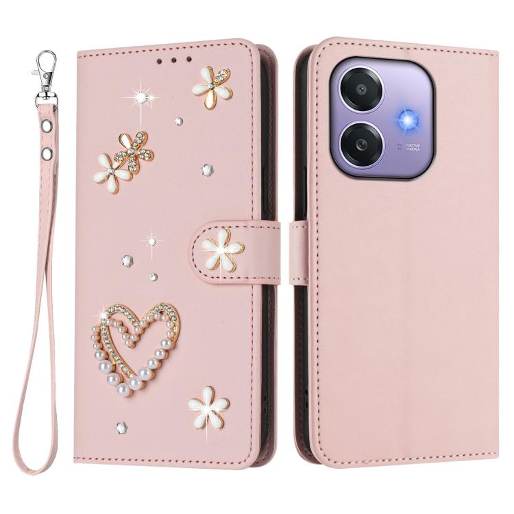 For OPPO A5x 5G Global / A3x 5G India ZS01 Double-Layer Heart Floral Vegan Leather Phone Case with Wrist Strap