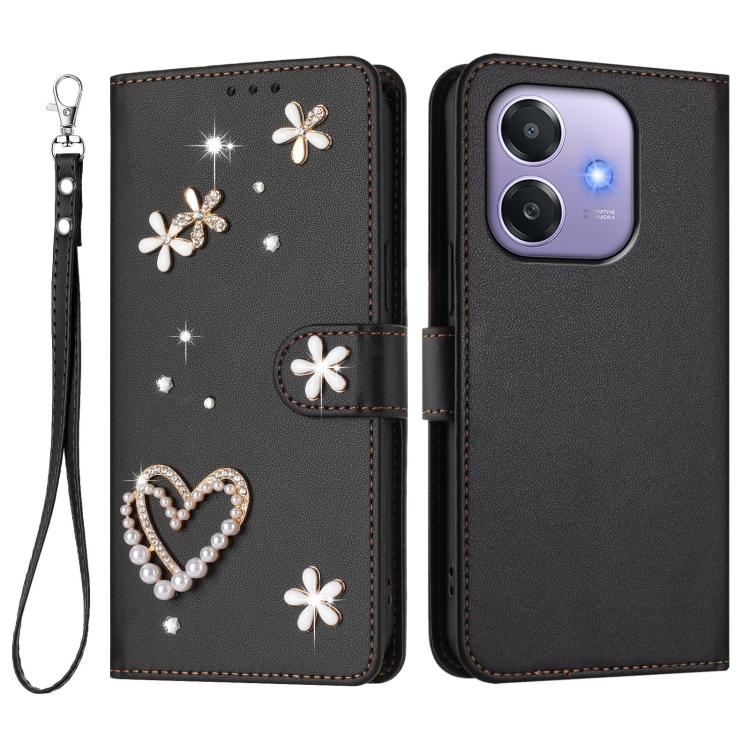 For OPPO A5x 5G Global / A3x 5G India ZS01 Double-Layer Heart Floral Vegan Leather Phone Case with Wrist Strap