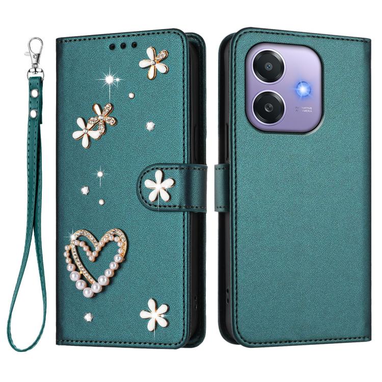 For OPPO A5x 5G Global / A3x 5G India ZS01 Double-Layer Heart Floral Vegan Leather Phone Case with Wrist Strap