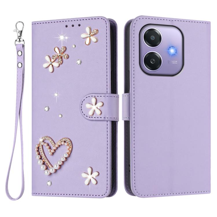 For OPPO A5x 5G Global / A3x 5G India ZS01 Double-Layer Heart Floral Vegan Leather Phone Case with Wrist Strap