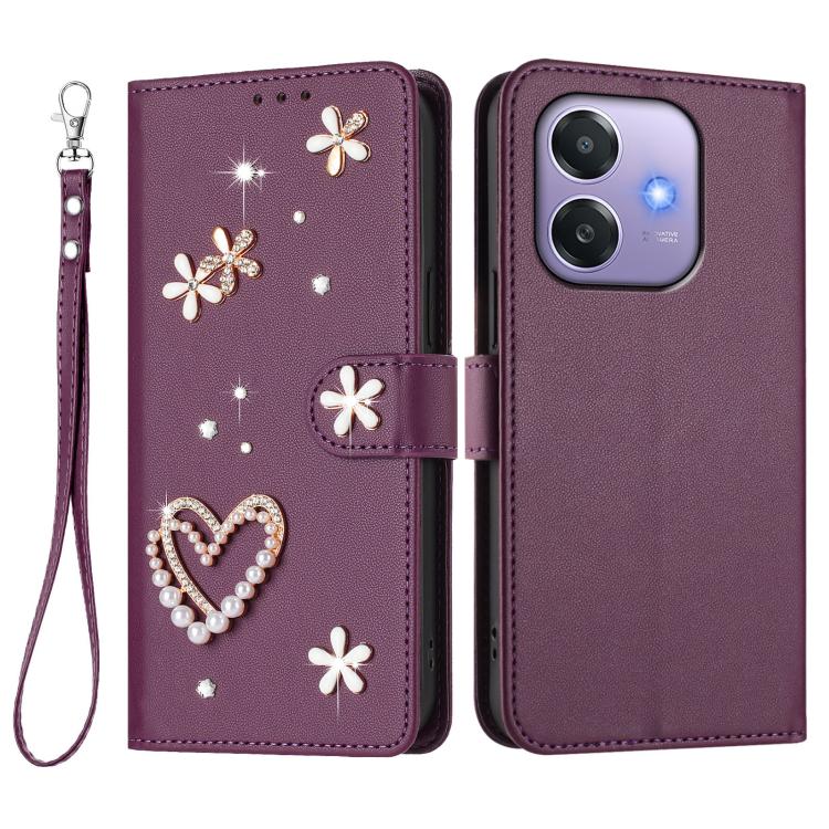 For OPPO A5x 5G Global / A3x 5G India ZS01 Double-Layer Heart Floral Vegan Leather Phone Case with Wrist Strap