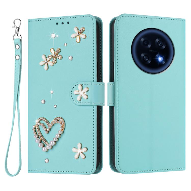 For OPPO A6 GT 5G / F31 Pro+ ZS01 Double-Layer Heart Floral Vegan Leather Phone Case with Wrist Strap