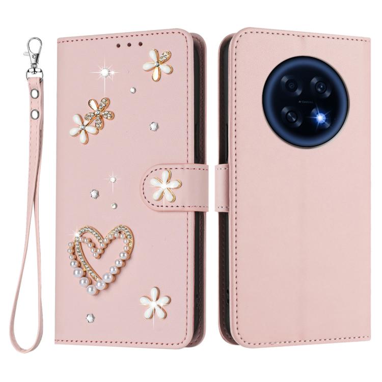 For OPPO A6 GT 5G / F31 Pro+ ZS01 Double-Layer Heart Floral Vegan Leather Phone Case with Wrist Strap