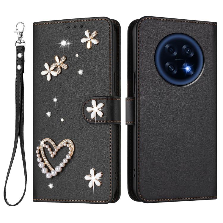 For OPPO A6 GT 5G / F31 Pro+ ZS01 Double-Layer Heart Floral Vegan Leather Phone Case with Wrist Strap