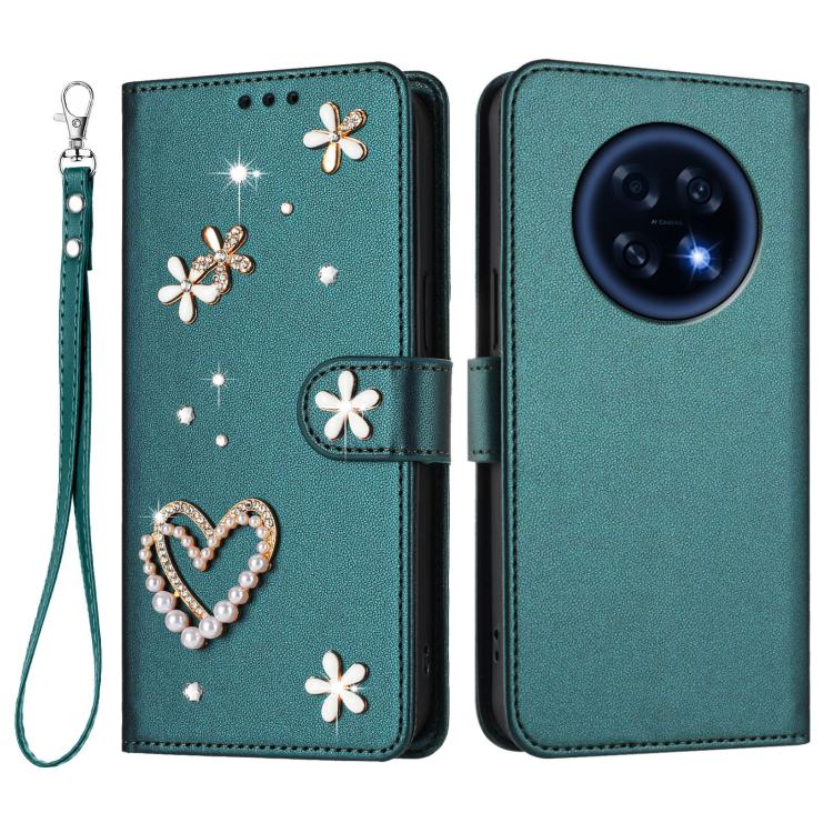 For OPPO A6 GT 5G / F31 Pro+ ZS01 Double-Layer Heart Floral Vegan Leather Phone Case with Wrist Strap