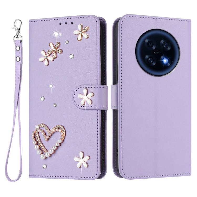 For OPPO A6 GT 5G / F31 Pro+ ZS01 Double-Layer Heart Floral Vegan Leather Phone Case with Wrist Strap