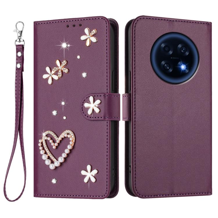 For OPPO A6 GT 5G / F31 Pro+ ZS01 Double-Layer Heart Floral Vegan Leather Phone Case with Wrist Strap