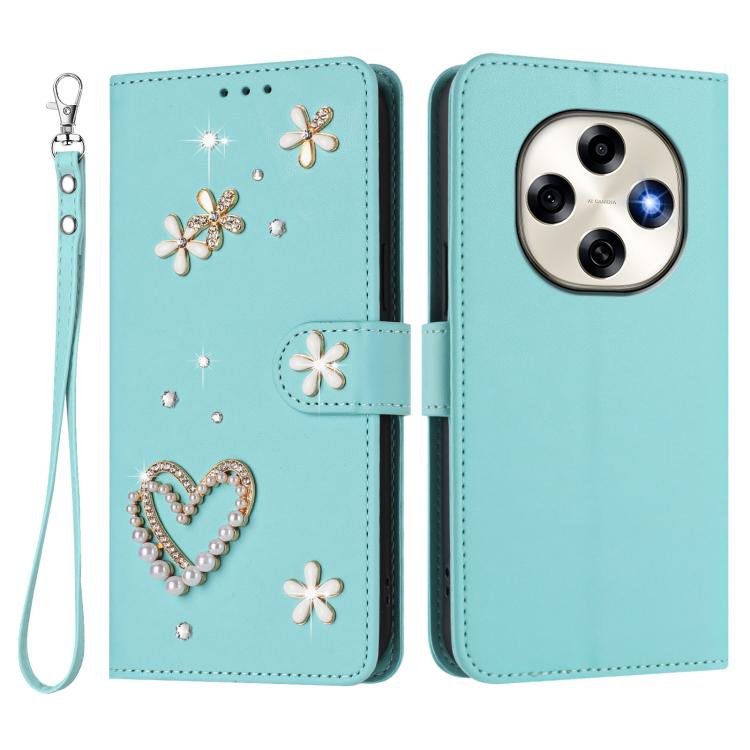 For OPPO F31 Pro 5G ZS01 Double-Layer Heart Floral Vegan Leather Phone Case with Wrist Strap