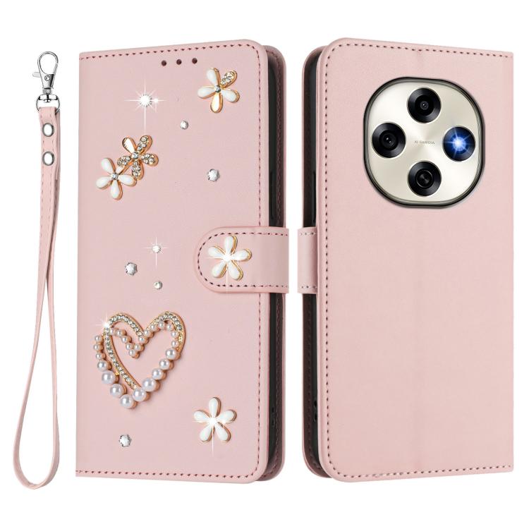 For OPPO F31 Pro 5G ZS01 Double-Layer Heart Floral Vegan Leather Phone Case with Wrist Strap