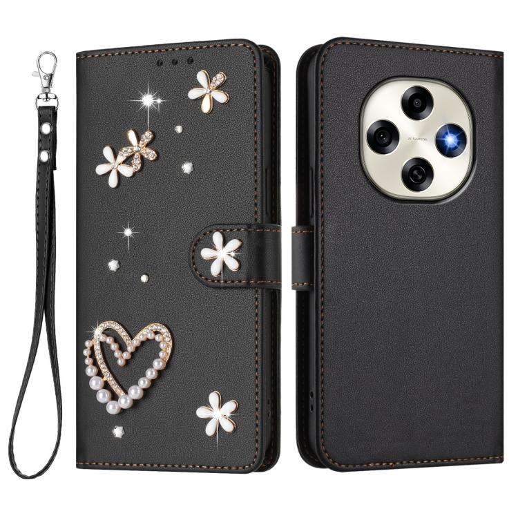 For OPPO F31 Pro 5G ZS01 Double-Layer Heart Floral Vegan Leather Phone Case with Wrist Strap