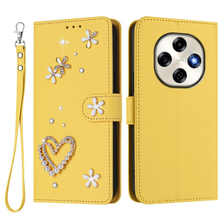For OPPO F31 Pro 5G ZS01 Double-Layer Heart Floral Vegan Leather Phone Case with Wrist Strap