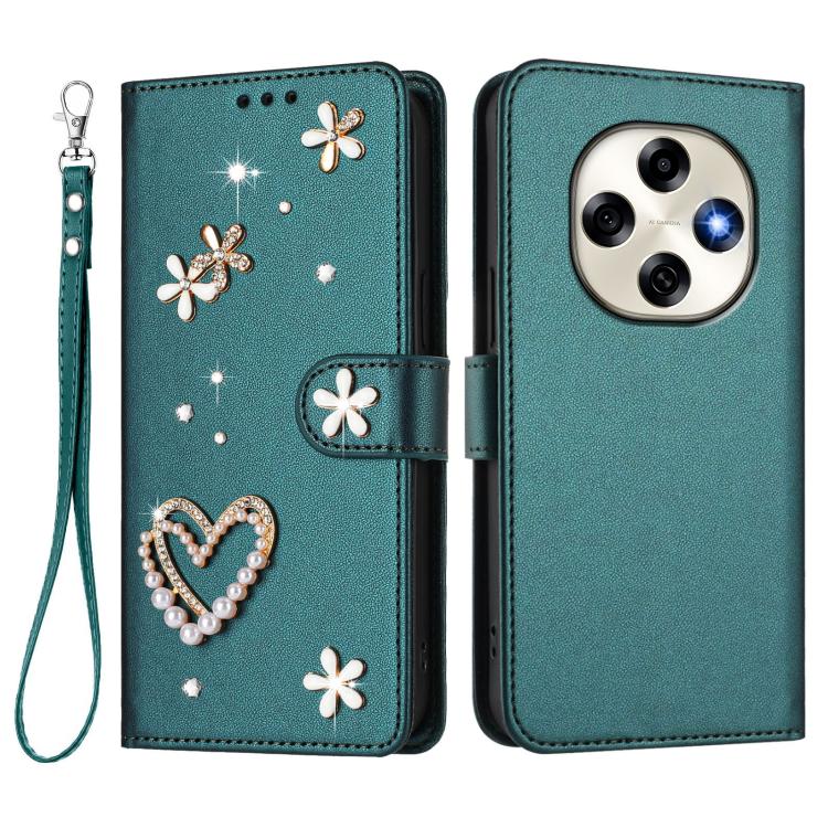 For OPPO F31 Pro 5G ZS01 Double-Layer Heart Floral Vegan Leather Phone Case with Wrist Strap