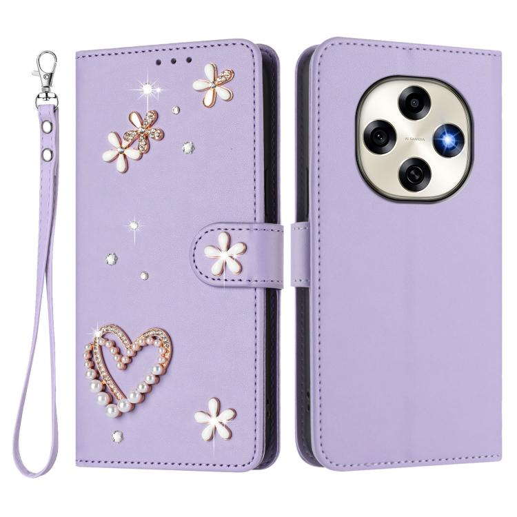 For OPPO F31 Pro 5G ZS01 Double-Layer Heart Floral Vegan Leather Phone Case with Wrist Strap