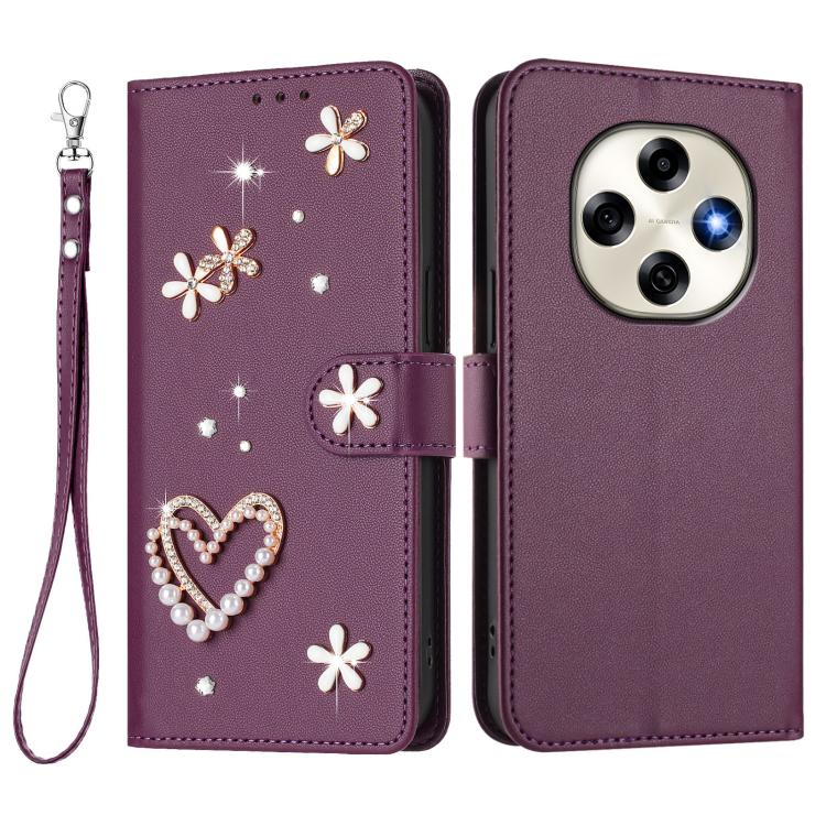 For OPPO F31 Pro 5G ZS01 Double-Layer Heart Floral Vegan Leather Phone Case with Wrist Strap