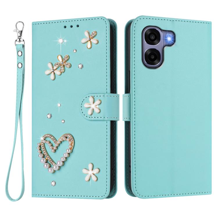For OPPO A6x 4G Global ZS01 Double-Layer Heart Floral Vegan Leather Phone Case with Wrist Strap
