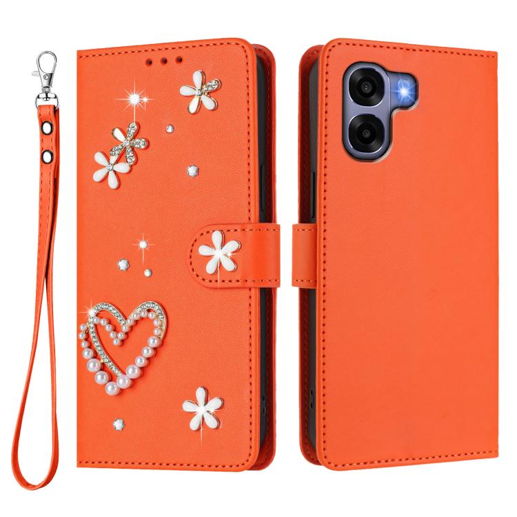 For OPPO A6x 4G Global ZS01 Double-Layer Heart Floral Vegan Leather Phone Case with Wrist Strap