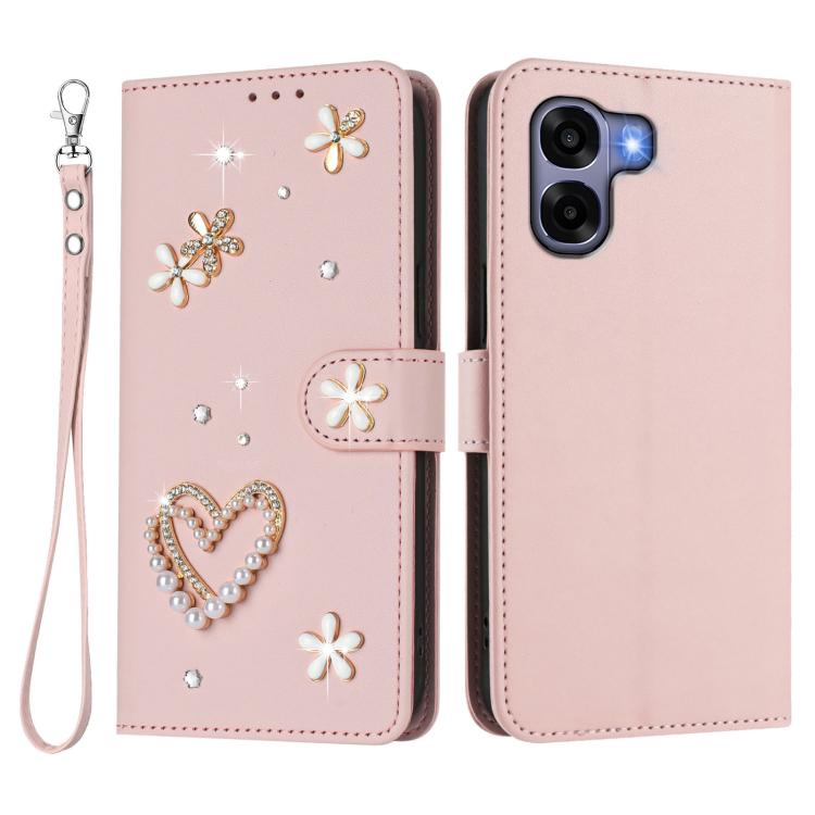 For OPPO A6x 4G Global ZS01 Double-Layer Heart Floral Vegan Leather Phone Case with Wrist Strap
