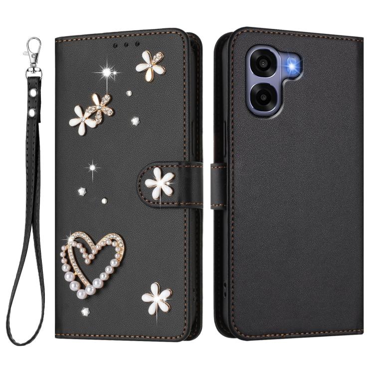 For OPPO A6x 4G Global ZS01 Double-Layer Heart Floral Vegan Leather Phone Case with Wrist Strap