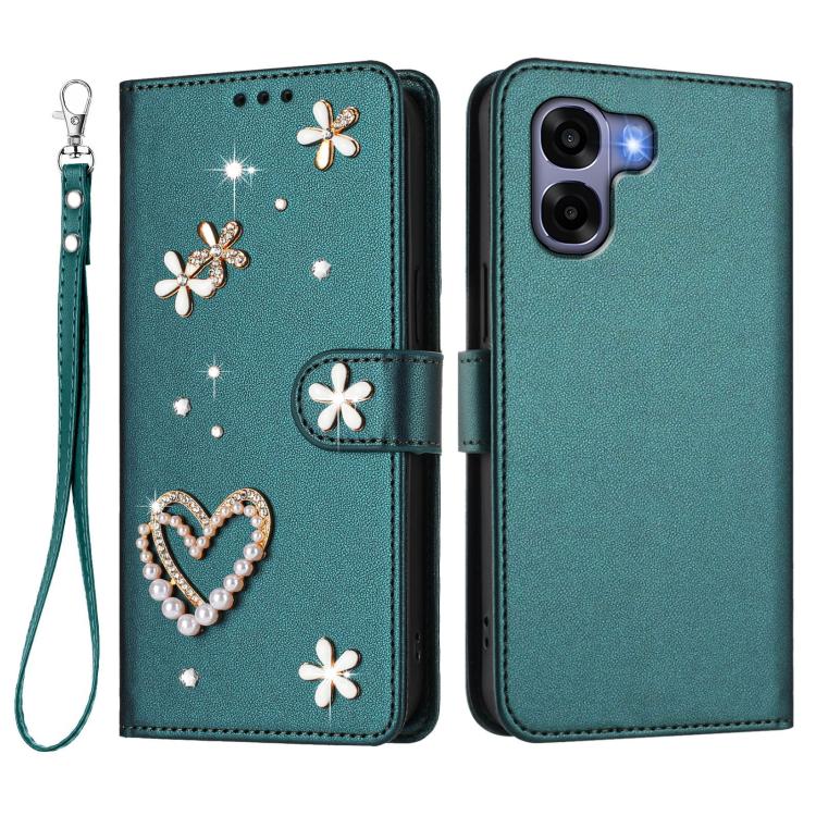 For OPPO A6x 4G Global ZS01 Double-Layer Heart Floral Vegan Leather Phone Case with Wrist Strap