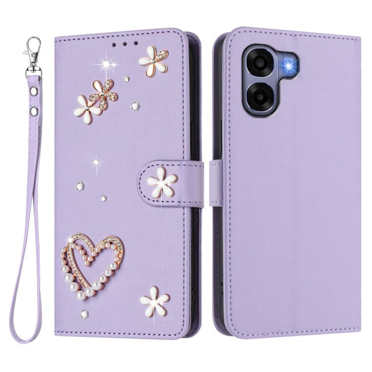 For OPPO A6x 4G Global ZS01 Double-Layer Heart Floral Vegan Leather Phone Case with Wrist Strap