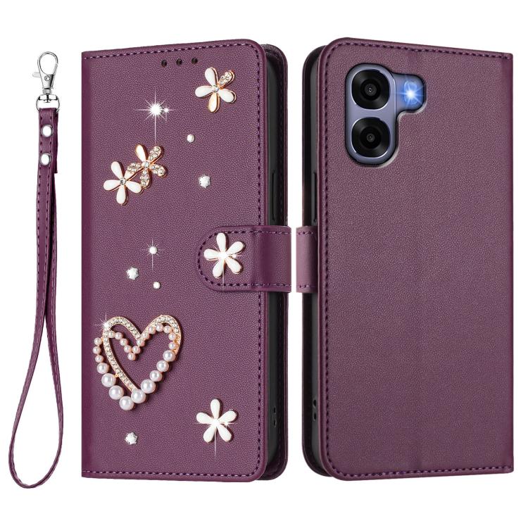 For OPPO A6x 4G Global ZS01 Double-Layer Heart Floral Vegan Leather Phone Case with Wrist Strap