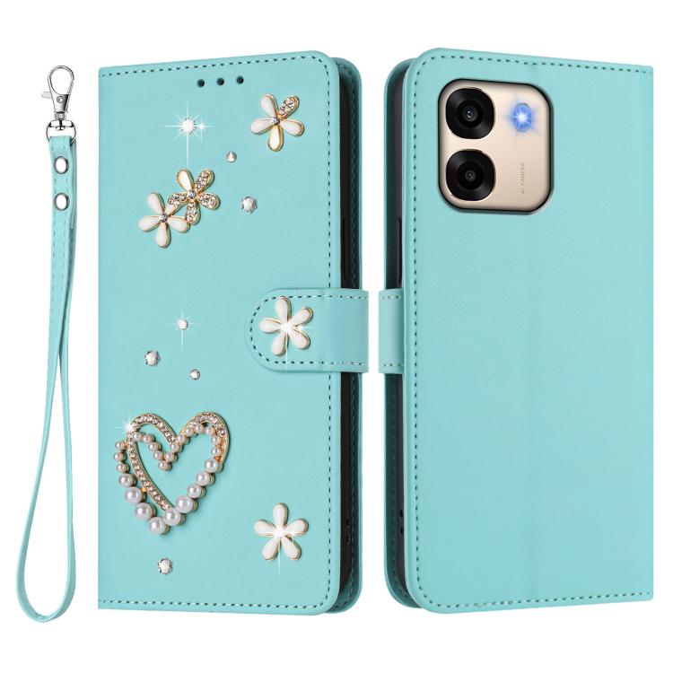 For OPPO A6x 5G Global / A6 5G Global ZS01 Double-Layer Heart Floral Vegan Leather Phone Case with Wrist Strap