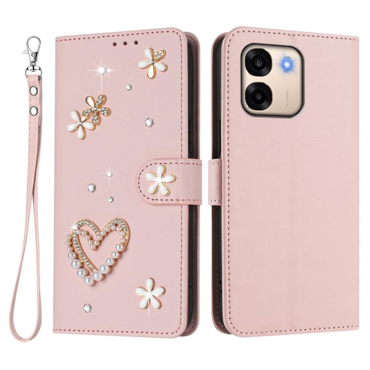 For OPPO A6x 5G Global / A6 5G Global ZS01 Double-Layer Heart Floral Vegan Leather Phone Case with Wrist Strap